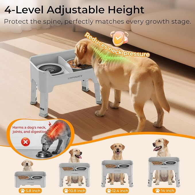 URPOWER Mess Proof Elevated Dog Bowls 4 Height Adjustable Raised Stand | No Spill Water Bowl, Slow Feeder Dog Bowls, Non-Slip Food and Water Bowl Set for Small, Medium & Large Dogs - Image 6