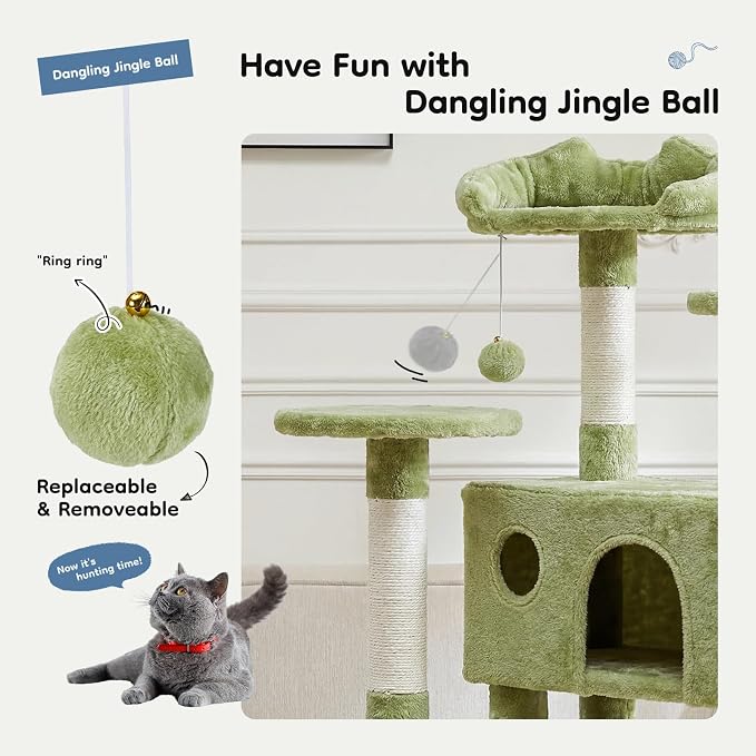 DUMOS 54-inch Cat Tree Tower with Scratching Posts, Indoor Use | Multi-Level Pet House for Large Cats with 2 Condos, Round Platform, Small Ladder and Toys, Green - Image 4