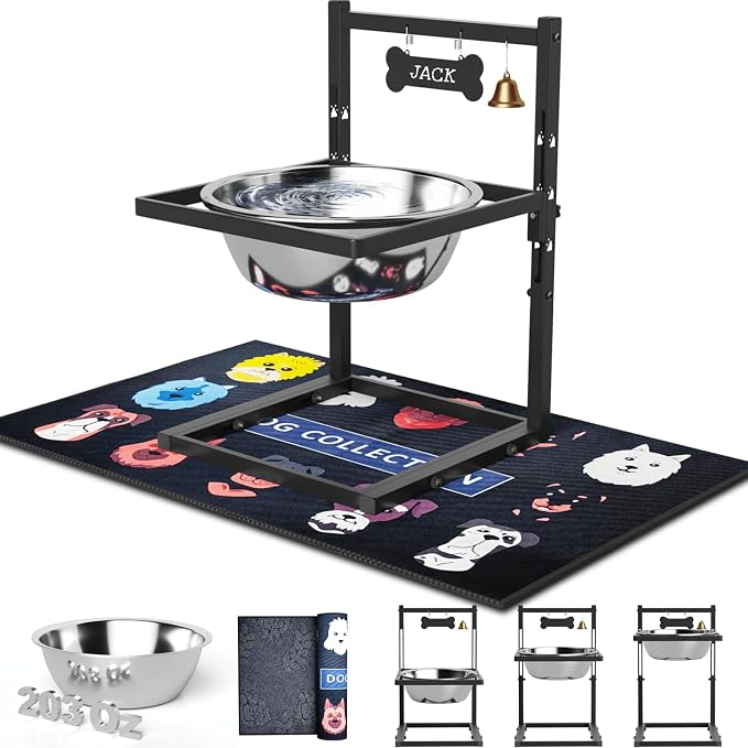 1.6Gallon Elevated Dog Water Bowl for Large Dogs, Height Adjustable (10-17.8in) Raised Stainless Steel Bowl with Spill-Proof Mat & Sturdy Metal Stand, Easy-Clean Feeder for Indoor/Outdoor Use by ADENGL