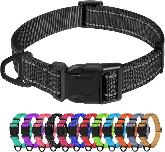 TagME Medium Dog Collar, Reflective Nylon Collar, Black, 1.0" Width | Soft Nylon Dog Collar With Reflective Stitching for Night Walks, Adjustable Fit, Quick-Release Buckle for Easy On & Off by TagME