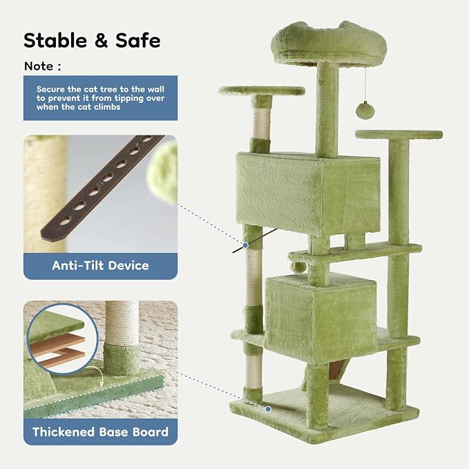 DUMOS 54-inch Cat Tree Tower with Scratching Posts, Indoor Use | Multi-Level Pet House for Large Cats with 2 Condos, Round Platform, Small Ladder and Toys, Green - Image 6
