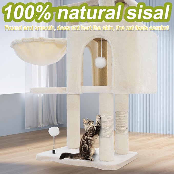 Cat Tree Tower with Hammock,40"Cat Trees for Indoor Cats Large Adult(White) | Modern Cat Tree Tower with Scratching Post, Cats Condo Furniture with Cloud Top Perch, Cats Climbing Tower for Kittens - Image 4