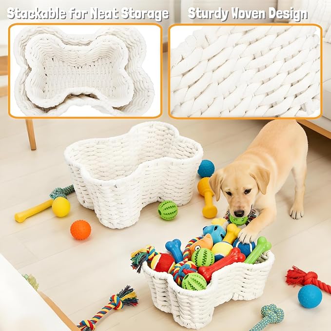 ZAVOOS 2 Pack Dog Toy Basket, Handwoven Bone Shape | Cotton Rope Pet Food Storage Baskets, Pet Supplies Organizer Bin for Chew Toys, Blankets, Treats, Leashes, 2 Sizes - Image 4