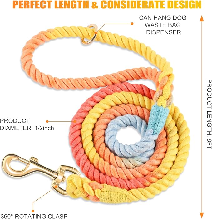 6 FT Handmade Rope Dog Leash for Small Medium and Large Dogs | Soft and Comfortable Grip, New Golden Heavy Duty Metal Clasp, Colorful Rainbow - Image 2