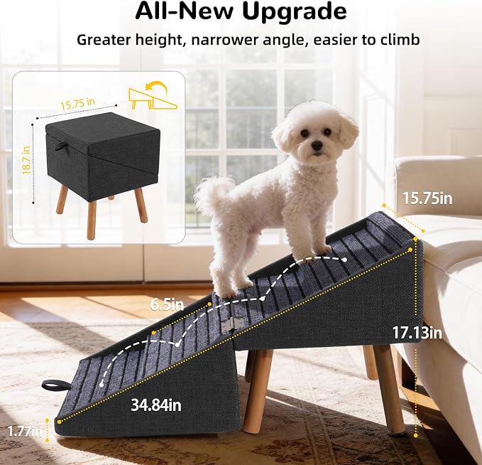 Dog ramp for Small Dogs, 2-in-1 Pet Steps & Ottoman - Foldable Dog ramp for Couch, Non-Slip Wooden Pet ramp for Puppy Senior Injured Dogs (Matte Black, XL(17.13H)) - Image 2