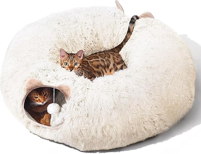 Cat Tunnel with Cat Bed for Indoor Cats, Soft Plush Peekaboo Cat Cave Donut Tunnel, Multifunctional Playground Toys Hideplace for Small Medium Large Kittens, Rabbit, Ferret (Cream White) by ZVBEK