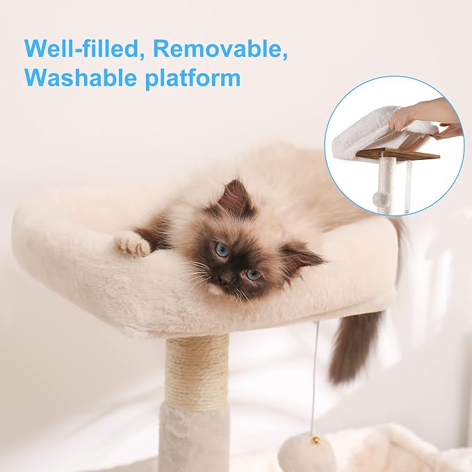 Hey-brother Cat Tree Tower, Litter Box Enclosure, Food Station, MPJ100SG | 47.24 Inches Wooden All-in-one Cat House, Large Hammock, Bed, Scratching Posts, Modern Style for Indoor Cats, Rustic Gray - Image 5