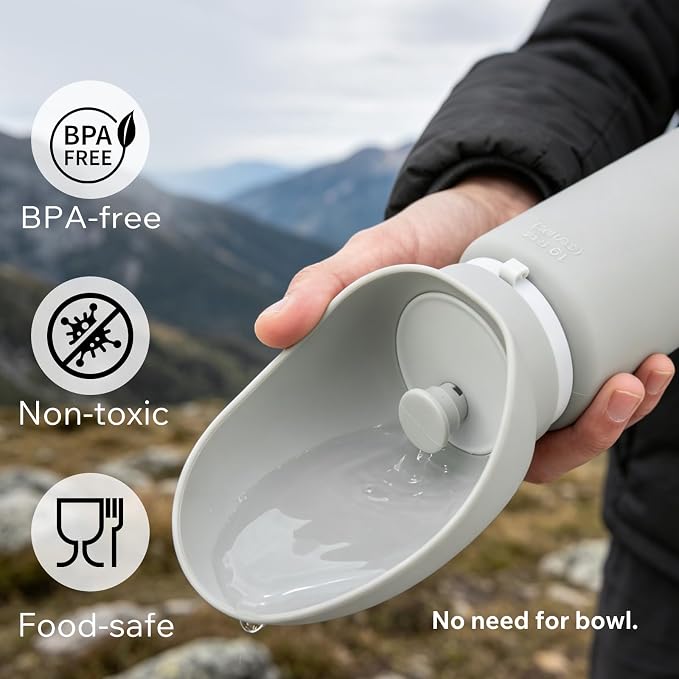 Dog Water Bottle and Collapsible Bowl Set, 18.6 oz/550ml Leakproof Silicone Portable Pet Travel Water Bottle for Walking, Hiking and Camping, Light Grey - Image 4