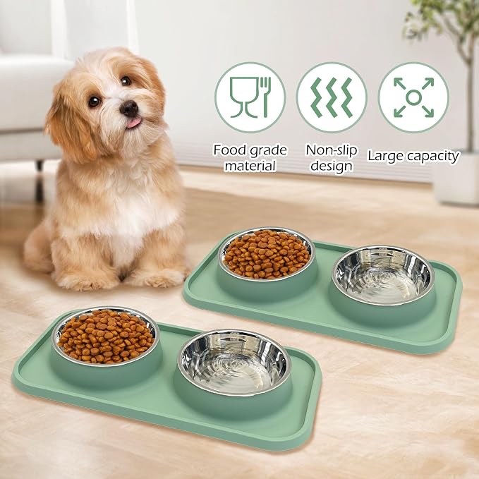 BNOSDM 2 Pcs Double Dog Food Bowls, Stainless Steel Small Dog Food and Water Bowls with Non-Spill Plastic Mat, Pet Cat Feeder Dish Set for Puppy Cats Kitten, Green - Image 7