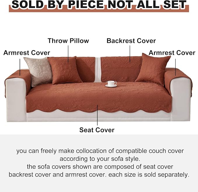 vctops Boho Cotton Quilted Couch Cover Soft Embroidered Sofa Cover Non-Slip Dog Bed Cover Scalloped Sofa Slipcover Washable Furniture Protector Cover (Orange,43"x70") - Image 2