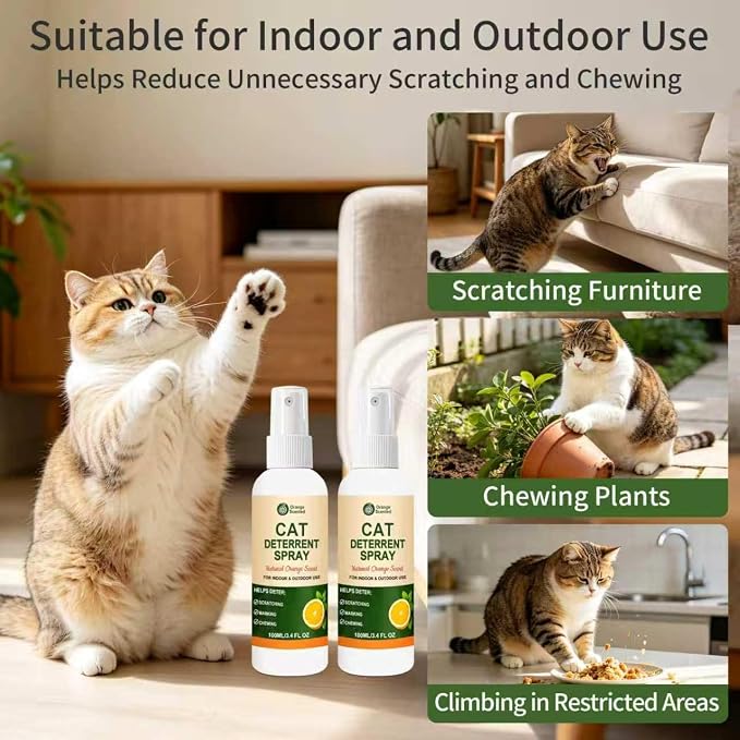 Cat Deterrent Spray for Furniture, Natural Cat Training Spray for Cats to Stop Scratching, Urine Marking & Chewing, Pet Safe for Indoor & Outdoor Use, Orange Scent, 2 Pack (3.4 Fl Oz Each) - Image 7