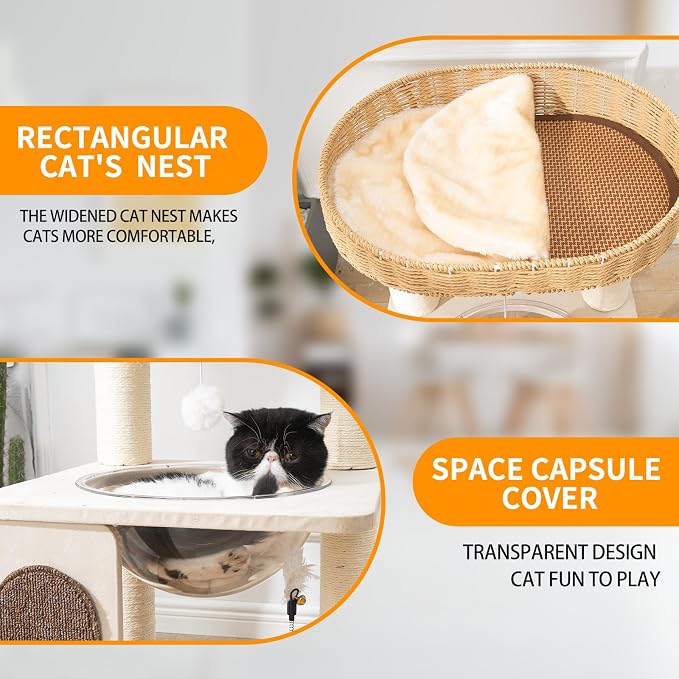 Modern Cat Tree for Indoor Cats, 30 in Cat Tower with Basket Bed | Clear Space Capsule, Interactive Play Base, 8 cm Thick Sisal Scratching Posts, Plush & Cooling Mats, Sturdy Structure - Image 3