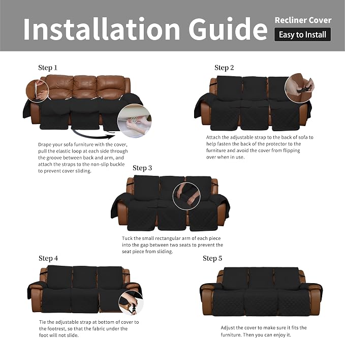 Easy-Going Oversized Recliner Sofa Cover, Reversible Couch Cover for 3 Seat Recliner, Split Sofa Cover for Each Seat with Elastic Straps for Kids, Dogs, Pets (3 Seater, Black/Black) | Sofa Slipcover For Dogs, Sofa Cover For Oversized Recliner, Furnitur... - Image 7