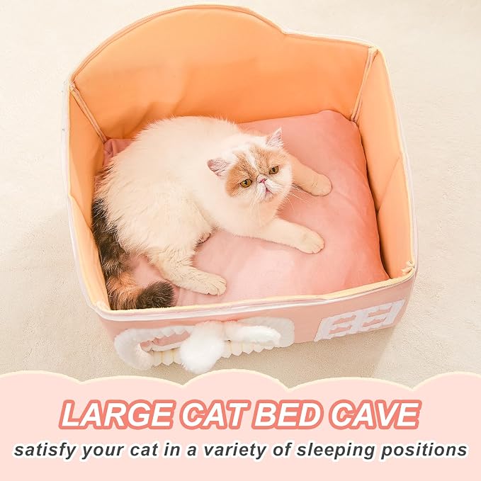 Rabbit Cat Houses for Indoor Cats, Chimney Cute Cat Bed Cave, Enough Interior Space, Cartoon Soft Pet House Up to 3-10 lbs Kitten, Pink - Image 4