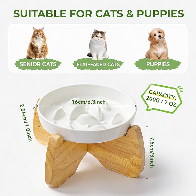 Raised Slow Feeder Cat Bowl with Stand, 6.3'' Wide Ceramic Elevated Shallow Slow Eating Cat Bowl for Dry/Wet Food, Anti-Vomiting Pet Puzzle Feeder, Whisker Friendly, Dishwasher Safe (2 Pack) | Anti-Gulping & Keep Fit, Dishwasher Safe, For Dry and Wet F... - Image 2