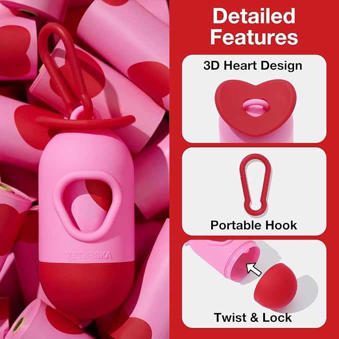 VETRESKA Dog Poop Bag Dispenser with Smoked Cherry Scented Bags, 105 Counts | Leak Proof and Extra Thick Pet Waste Bags for Dog Walking and Cat Litter, 1 Poop Bag Holder and 7 Rolls - Image 4