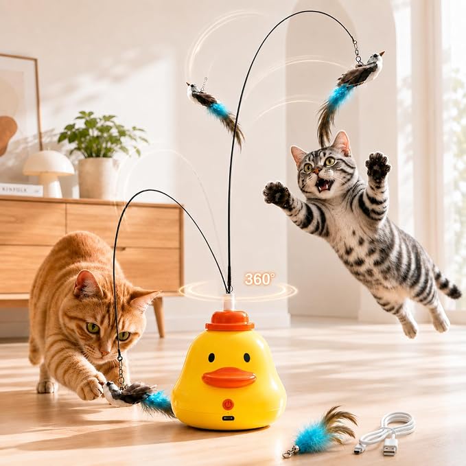 YWK Interactive Cat Toys for Indoor Cats, 360° Automatic Flying Bird Wand, Bird Sound & 2 Speeds, Touch Restart, USB-C Rechargeable Self-Play Toy with Suction Base, Bird & Feather Attachments by Unknown