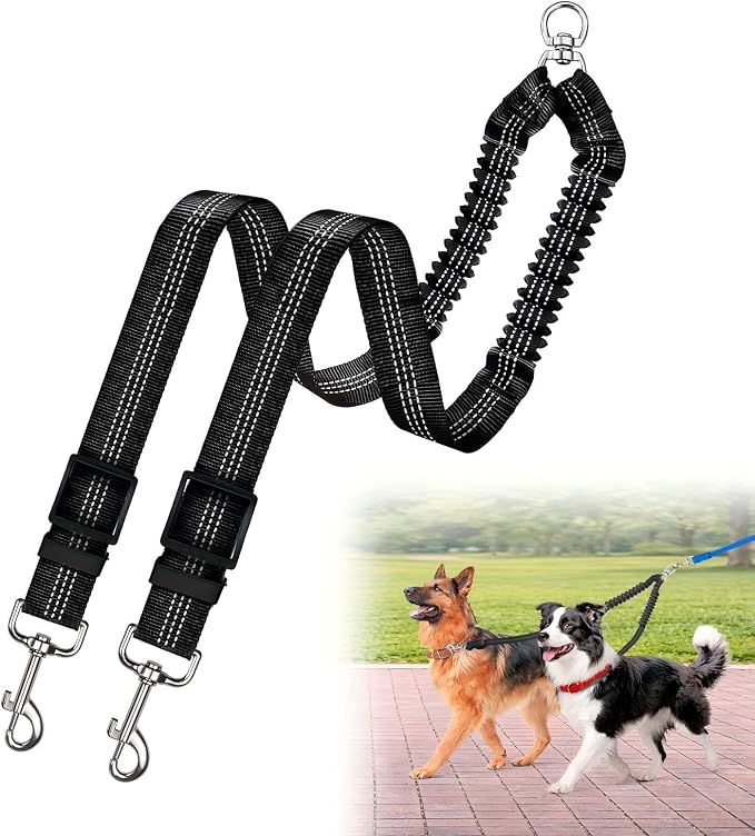 Double Dog Leash for Two Dogs, Professional No Tangle 360° Swivel Coupler with Shock Absorbing Bungee, Adjustable Length Dual-Sided Reflective Two Dogs Lead Splitter for Small Medium Large Dog by Caldzur