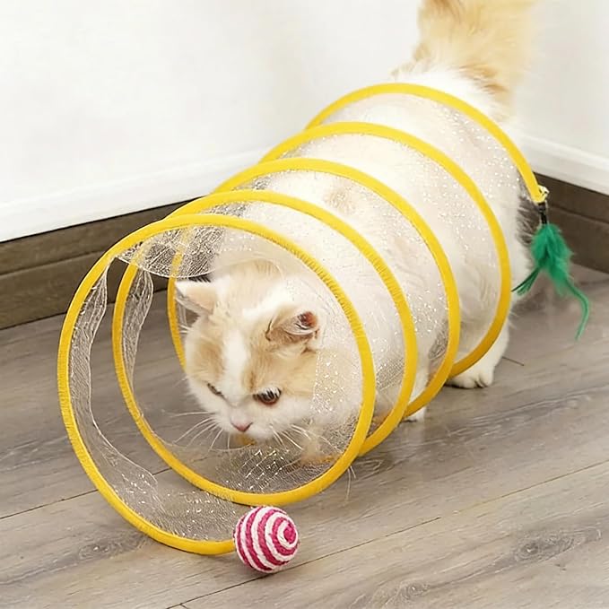 Andiker Spiral Tunnel for Cats, 21.45” Collapsible Cat Tunnel with Feather Toy and Plush Mouse Interactive Cat Toys for Indoor Cats to Relieve Boredom for Kitten (Ball) - Image 4