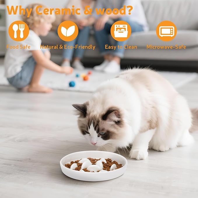 Ceramic Slow Feeder Cat Bowl 6.3" Wide (White) | Anti-Gulping & Keep Fit, Dishwasher Safe, For Dry and Wet Food, For Cats and Small Dogs, Shallow Bottom Puzzle Feeder - Image 8