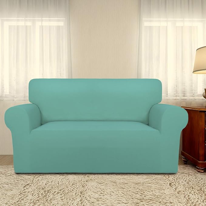 PureFit Stretch Loveseat Covers Fleece Couch Covers for Sofa Cyan | 1-Piece Sofa Slipcover Soft Couch Protector, Sofa Cover Washable with Non Skid Foam and Elastic Bottom for Kids, Dogs - Image 2