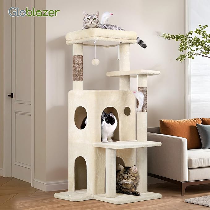 Globlazer Cat Tree Tower for Indoor Cats, 50-inch Adult Cat Tree House for Large Adult Cats with Steps, Scratching Post, 2 Cat Caves, Dangling Toys, FC50, Beige - Image 7