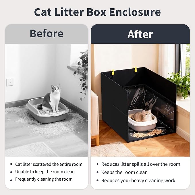 Aokeyee Cat Litter Box Enclosure Splash Guard, Black Waterproof | 27.16x21.65x16.53, Removable PVC Mat with 2 Hooks, Foldable Anti-Leakage Dust Control - Image 7