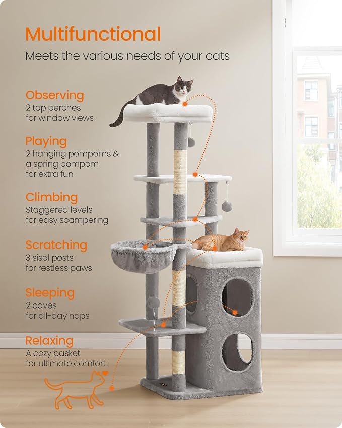 Feandrea Cat Tree Indoor, 60" Multiple-Level Plush Cat Tower, Dove Gray | 2 Caves, 3 Steps, 3 Scratching Posts, 3 Ball Toys, Cat Condo House for Large Adult Cats, UPCT007G01 - Image 6
