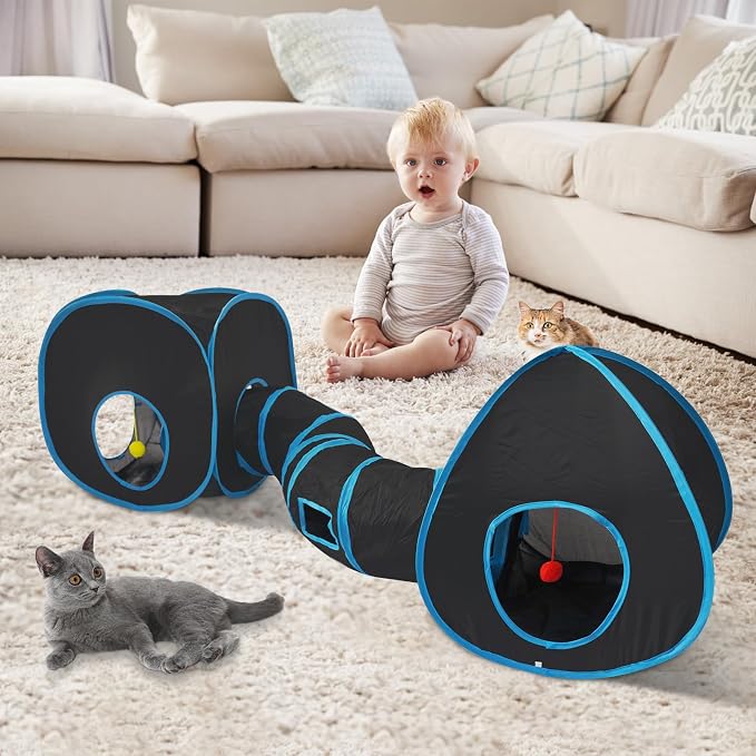 Cat Tunnels for Indoor Cats with Tent Cube and Feather Toy Collapsible Combo, Pop Up Cat Play Tunnel with Interactive Cat Toy Ball for Kitten, Ferret, Puppy, Guinea Pig, Rabbit, Bunny, Blue - Image 4