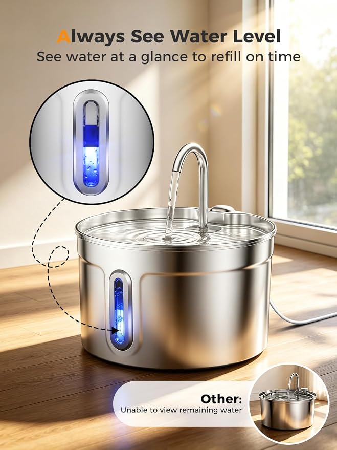 Stainless Steel Cat Water Fountain - 74oz/2.2L Ultra-Silent | 7 Filters Included, Visible Water Level, Dishwasher Safe, for Indoor Cats & Small Dogs - Image 4