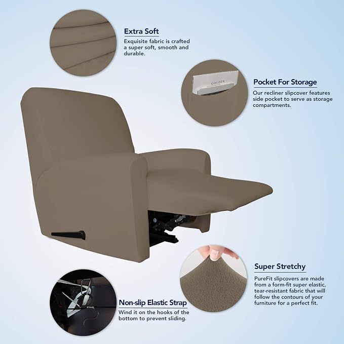 PureFit Stretc Recliner Chair Covers Fleece Soft Couch Covers for Sofa | Natural 4-Pieces Recliner Slipcover Pocket Couch Protector, Fleece Sofa Cover Washable with Non Slip Elastic Bottom - Image 3