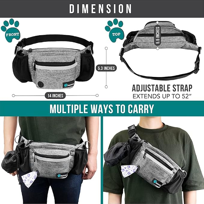 PetAmi Dog Fanny Pack, Treat Pouch for Dog Walking Training, Light Gray | Built in Poop Bag Dispenser, Water Bottle Holder, Collapsible Bowl, Pet Treat Waist Belt for Hiking Running Kibbles - Image 5