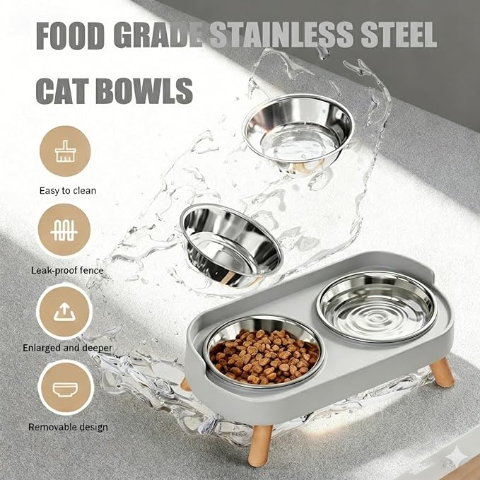 Elevated Cat Bowls, 2 Stainless Steel Raised Cat Food and Water Bowl Set, Splash Proof & Non-Slip, Whisker Fatigue Friendly, Dishwasher Safe for Cats and Small Dogs - Gray - Image 4