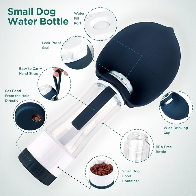 Uppetly Dog Water Bottle, Pet Water Bottle with Food Container and Drinking Feeder, Leak Proof, BPA-Free, Portable Foldable Puppy Water Cup Dispenser for Outdoor Walking, Travel, Small Dark Blue - Image 2