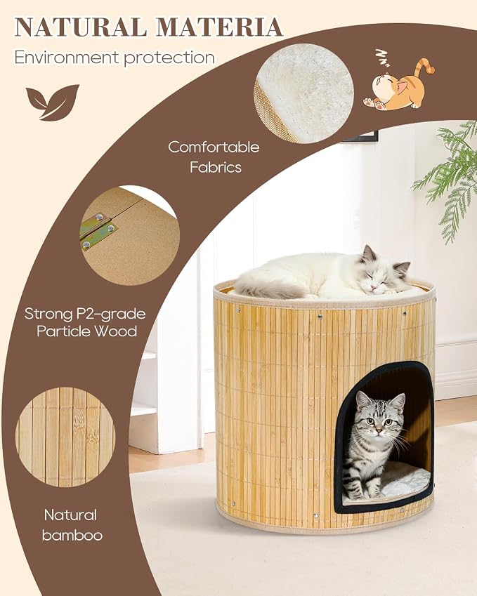SYANDLVY Large Cat House, Kitten Condo with Bed for Indoor Cats, Portable ﻿ | 2-Tier Foldable Natural Bamboo Cave with Double-Sided Cushion, 15.5"x15.7" Washable Kitten Hideout - Image 3