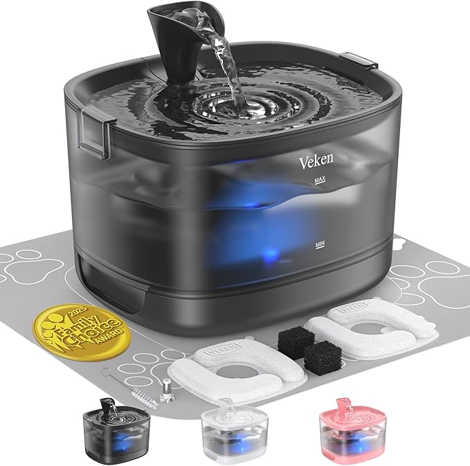 Veken 85oz/2.5L Cat Water Fountain with Detachable Tank & Secure Clips | Easy to Clean & Assemble, Quiet Operation & LED Light, Pet Drinking Dispenser, Gifts, Cats, Dogs and Small Pets, Black by Veken