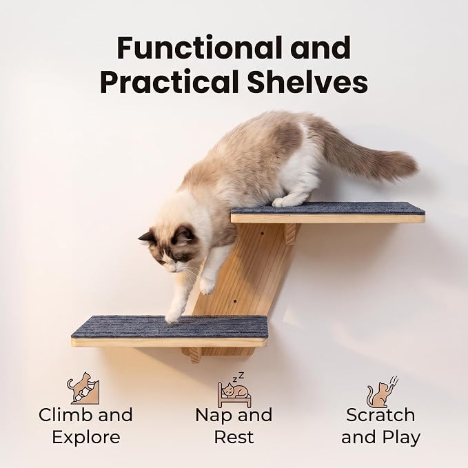 FlyonSea Large Cat Wall Shelves, Solid Wood Wall Mounted Cat Climbing Perch | Floating Kitty Wall steps with Non-slip Carpet, Corner Kitty Wall Furniture Supports up on 25lb, Cat Window Perch, Playing - Image 2