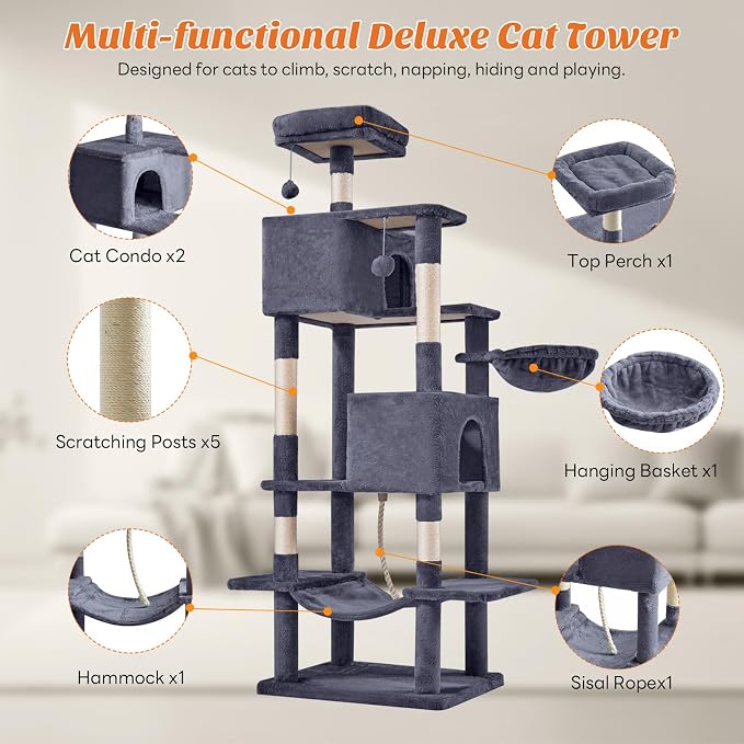DUMOS Large 66 Inch Cat Tree Tower with Scratching Posts, Indoor Use | Tall Multi Level Cat Climbing Tower with Hammock, Pet Condo for Cats and Kittens Play, Dark Grey - Image 4