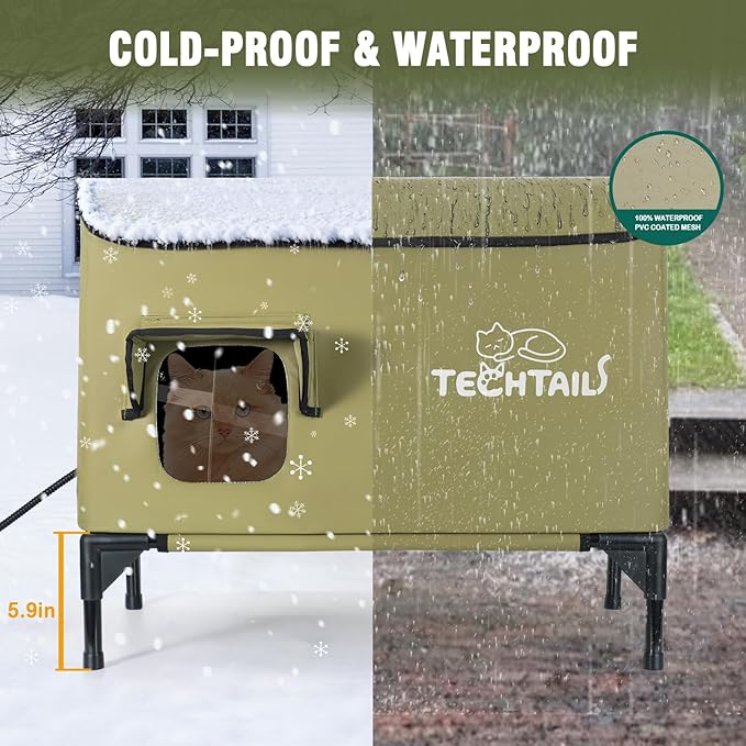 Large Heated Outdoor Cat House for Outside Winter, Insulated Weatherproof Cat Shelter with Slanted Roof, Escape Door & Heating Pad, Elevated Kitty Bed Feral Cat House for Outdoor Cats Stray Barn Cat - Image 3