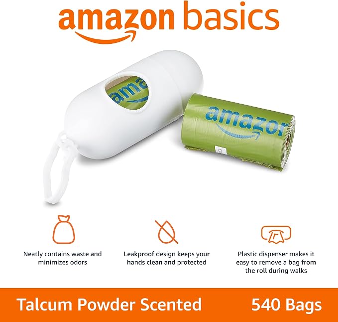 Amazon Basics Premium Leak Proof Dog Poop Bags with Dispenser and Leash Clip, Talcum Powder Scented, 13" x 9", 540 Count (36 Rolls of 15) - Image 2