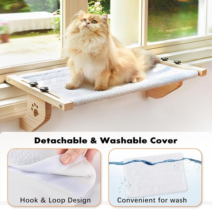 AMOSIJOY Cat Windowsill Perch with Wood & Metal Frame for Large Cat, 24.4in | Solid Wood Frame, Easy to Adjust, Washable Berber Fleece Cover, No Suction Cups Cat Window Seat for Windowsill, Bedside - Image 2