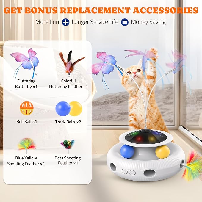 Pawtners Cat Toys, Automatic Interactive Kitten Toys for Indoor Cats, White | Fluttering Butterfly, Moving Feather, Track Balls and USB Rechargeable Powered Smart Indoor Exercise Kicker - Image 7