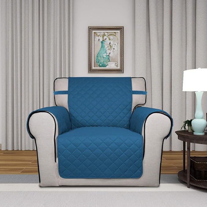 PureFit Reversible Quilted Sofa Cover, Water Resistant Slipcover Furniture Protector, Washable Couch Cover with Non Slip Foam and Elastic Straps for Kids, Pets (Small, Peacock Blue/Beige) | Peacock Blue/Beige, Water Resistant Couch Protector, Washable ... - Image 2