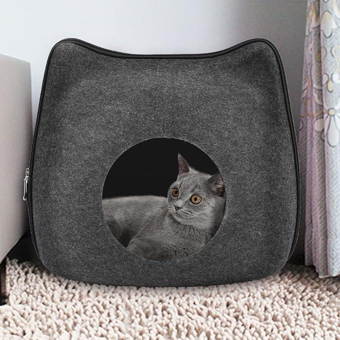 Felt Cat Cave Bed with Removable Cover, Cozy Pet Shelter for Indoor Cats, Zippered Washable Cat House with Roomy Interior (Dark Gray, for Cats Under 15 lbs, Cat Ear Style) - Image 6