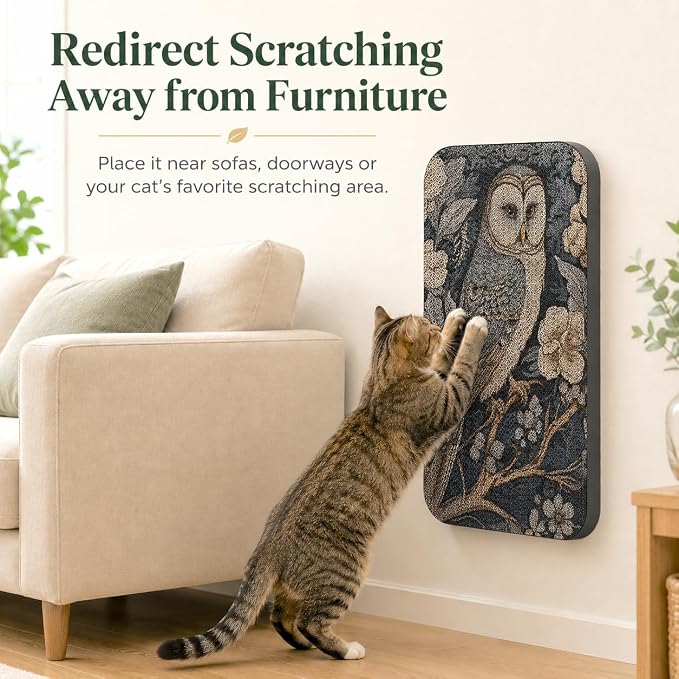 2 Pack Cat Wall Scratcher, Art Cat Scratching Board for Cats | Wall Mounted Cat Scratch Pad, Water-Based Ink, Hook&Loop Strips, Floor or Wall Use, 16.7x11x1 Inch, Owl & Butterfly - Image 3