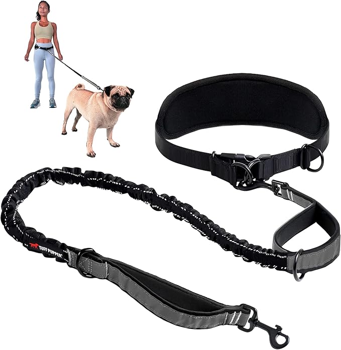 Tuff Pupper Hands Free Bungee Dog Leash, Waist Belt for Running & Walking | Heavy Duty for One Small Dog up to 45 lb, Shock Absorbing with Lumbar Support & Reflective Padded Handles for Jogging by TuffPupper