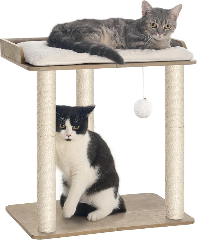 22in Cat Tree Tower Condo, Cat Scratch Posts for Indoor Cats, Big Plate, Three 23.6in Full Sisal Scratching Posts, Greige by FourFurPets
