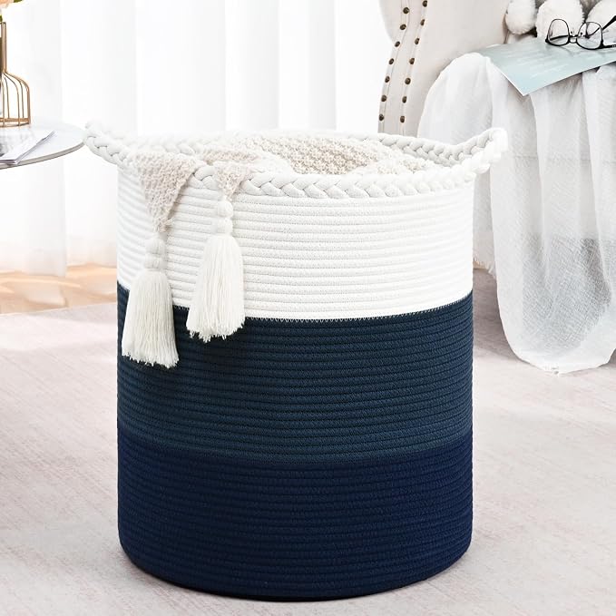 Laundry Hamper for Organizing, 52L Large Laundry Baskets, Cotton Rope Woven Blanket Basket, Collapsible Laundry Hamper for Living Room, Nursery, 15"×18", Dark Blue - Image 9