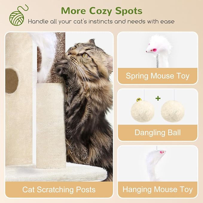 Globlazer Cat Tree Tower for Indoor Cats, 50-inch Adult Cat Tree House for Large Adult Cats with Steps, Scratching Post, 2 Cat Caves, Dangling Toys, FC50, Beige - Image 5