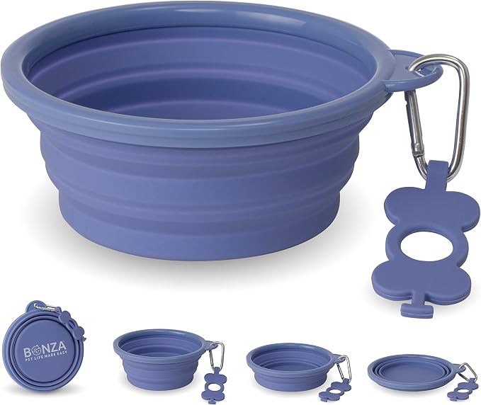 Bonza Collapsible Dog Bowls - Medium 25 oz, Dog Travel Accessories, Silicone Portable Dogs Bowl & Water Dish with Reinforced Rim & Carabiner for Hiking, Camping, and Car Trips, Periwinkle by Bonza